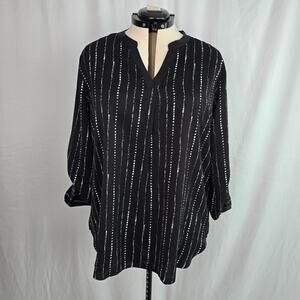 Timeson Blouse Women's XXL Black White Geo Stripe Roll Tab Sleeves NWT
